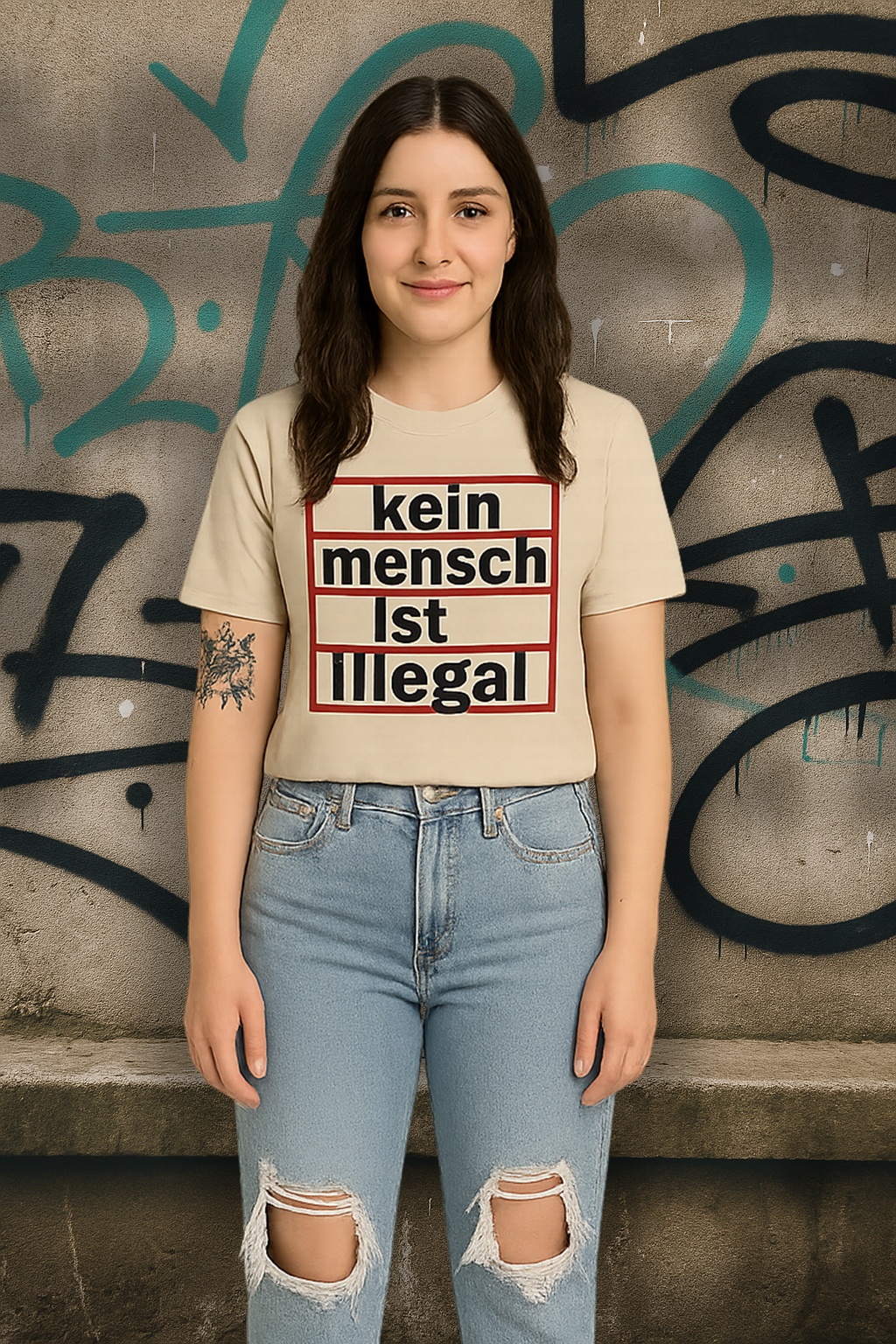 Unisex T-Shirt "Kein Mensch ist illegal" - sandfarbend